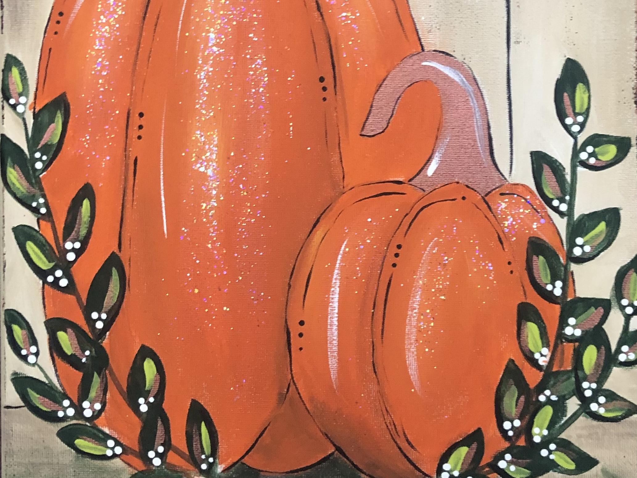 Painting of two pumpkins and vines