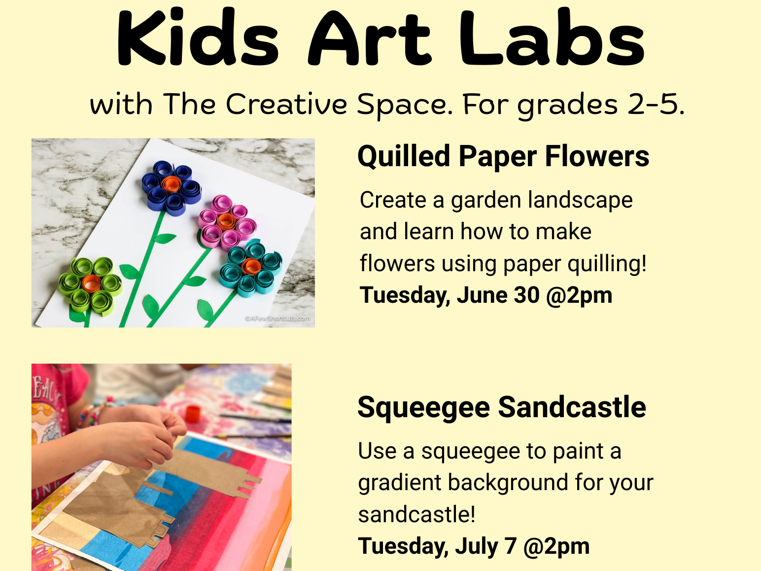 Kid's art labs flier with images of art projects