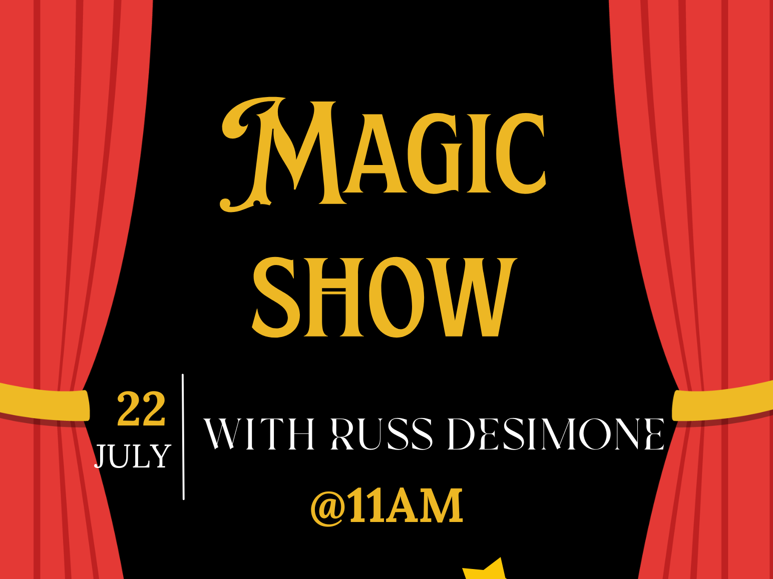 Magic show flyer with stage and red curtains