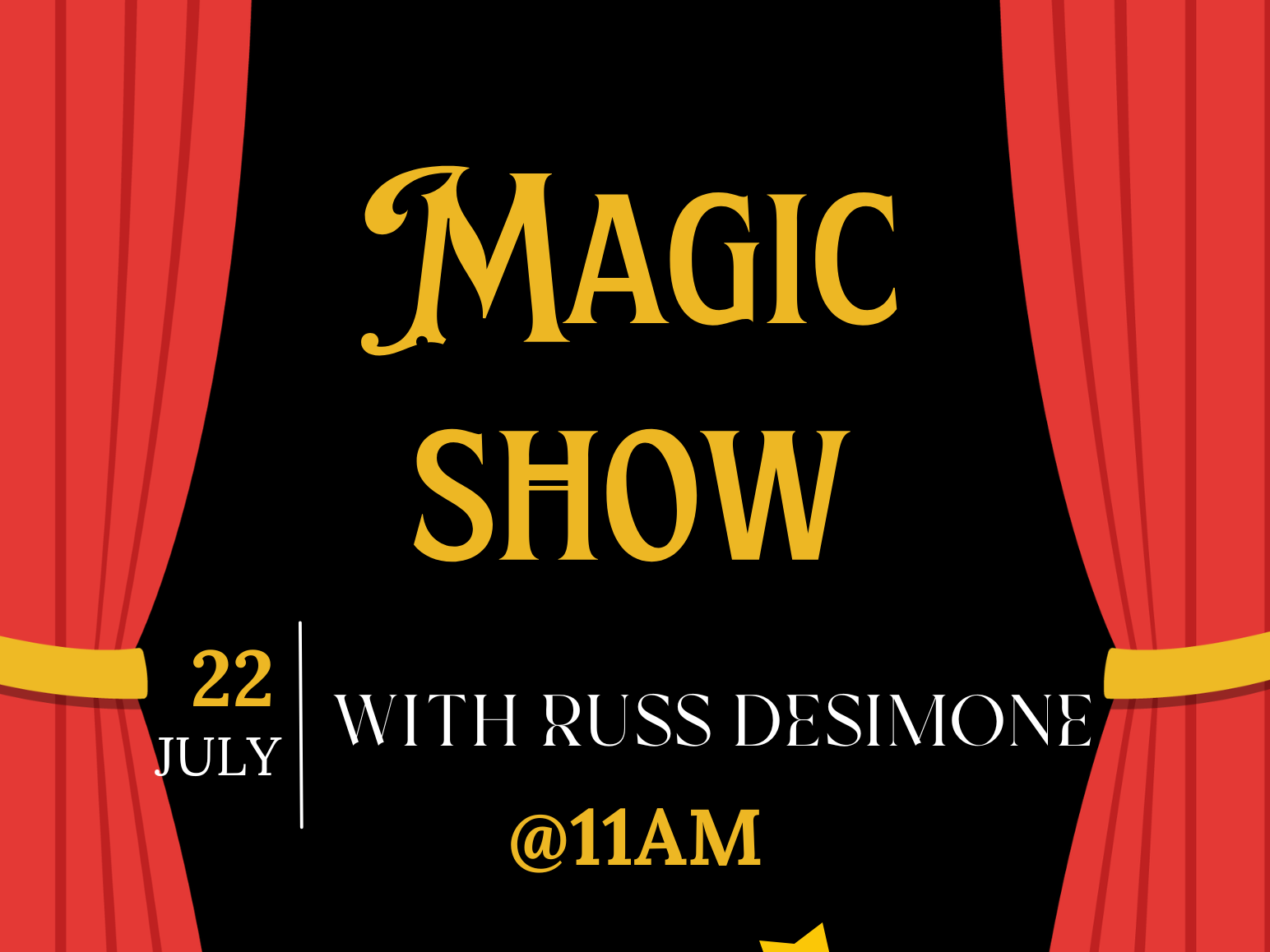 Magic show flyer with stage and red curtains