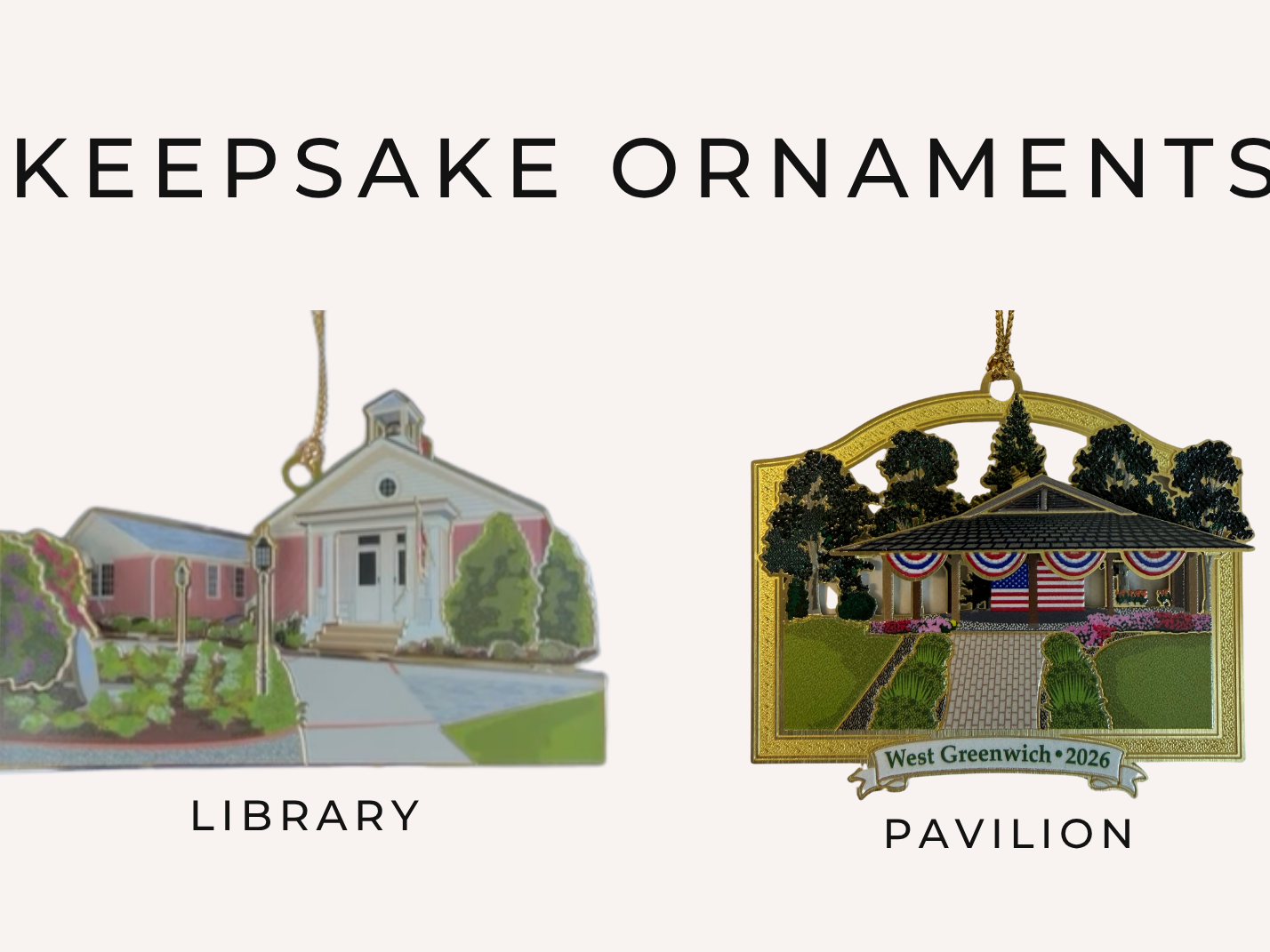 Town of West Greenwich pavilion and Louttit Library ornaments