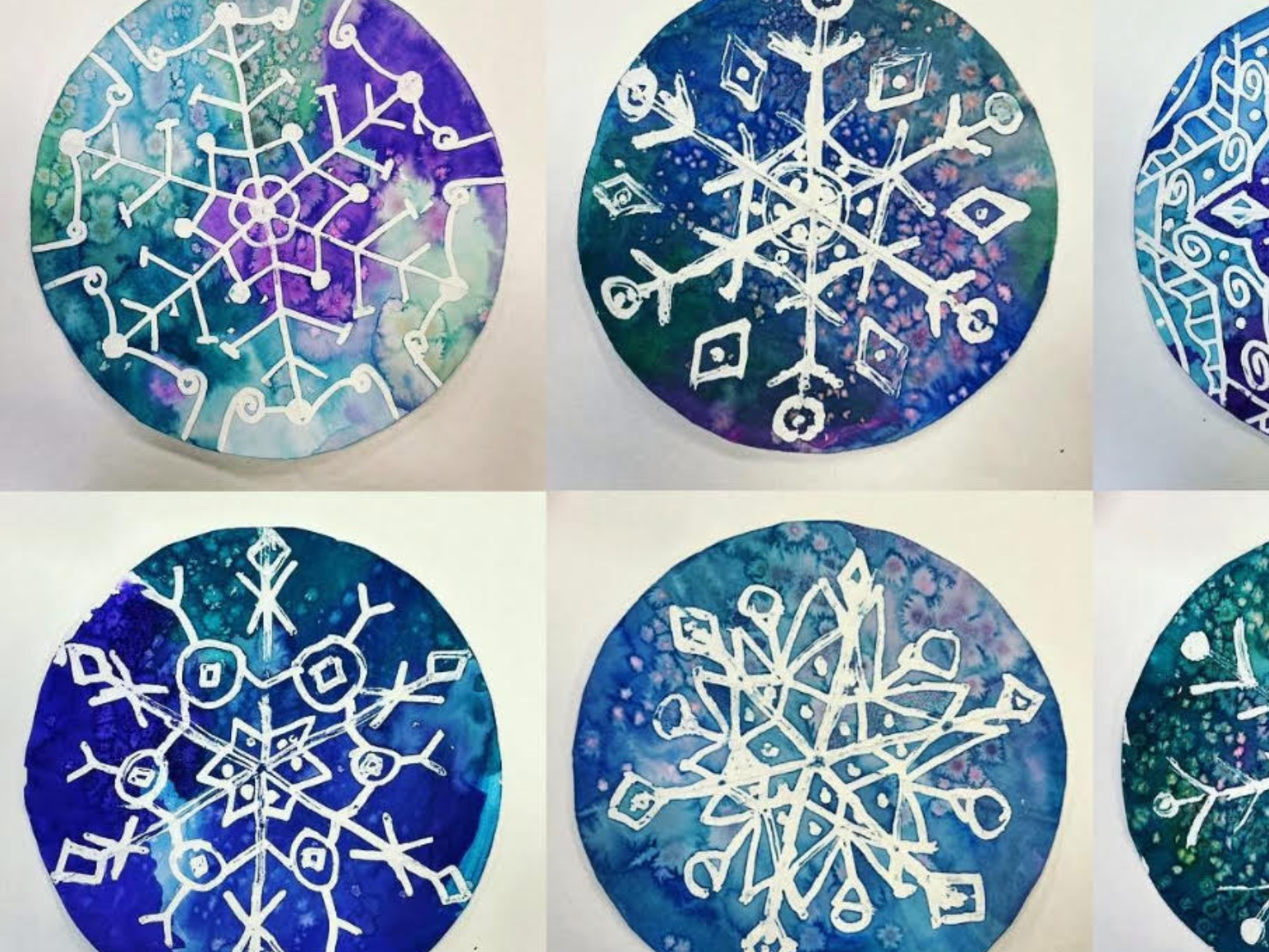 Flier with photo of watercolor snowflakes.