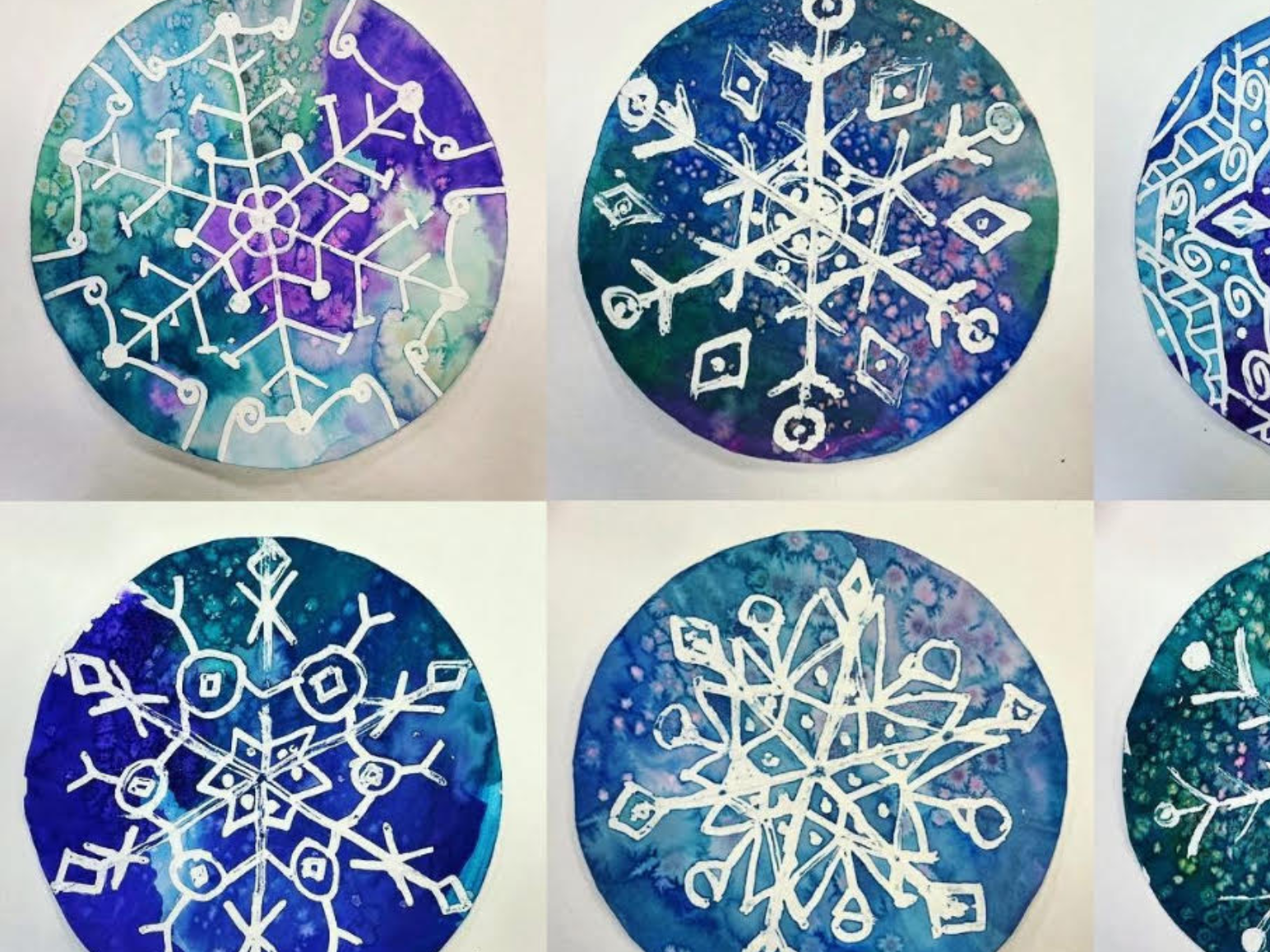 Flier for Kids Art Lab with photo of watercolor snowflakes.