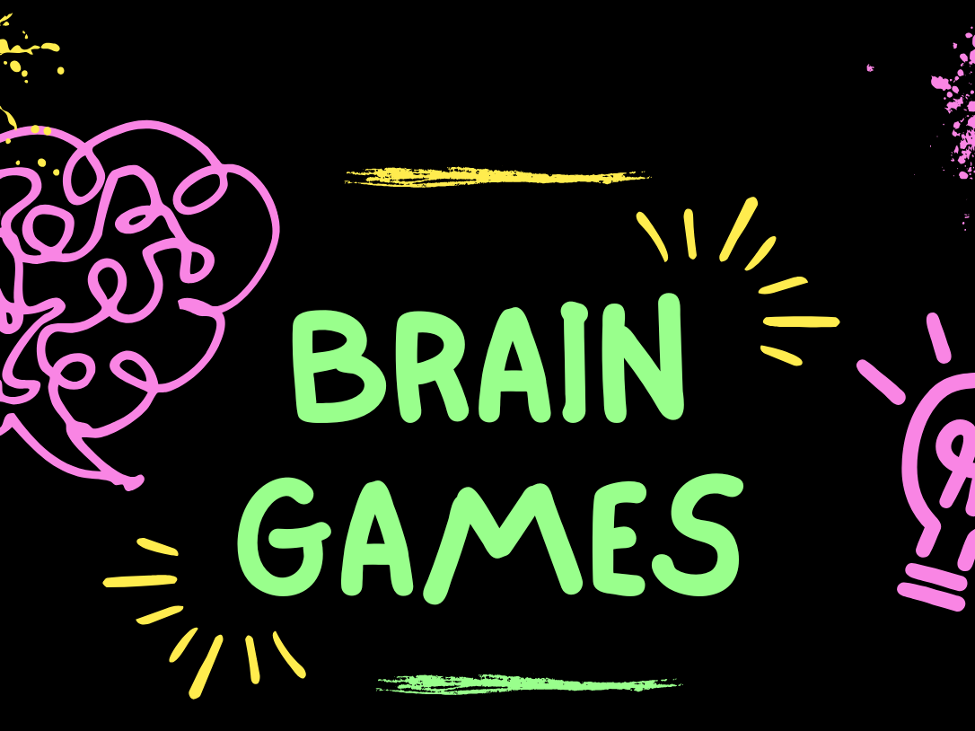 Brain Games flier, neon images of stem symbols