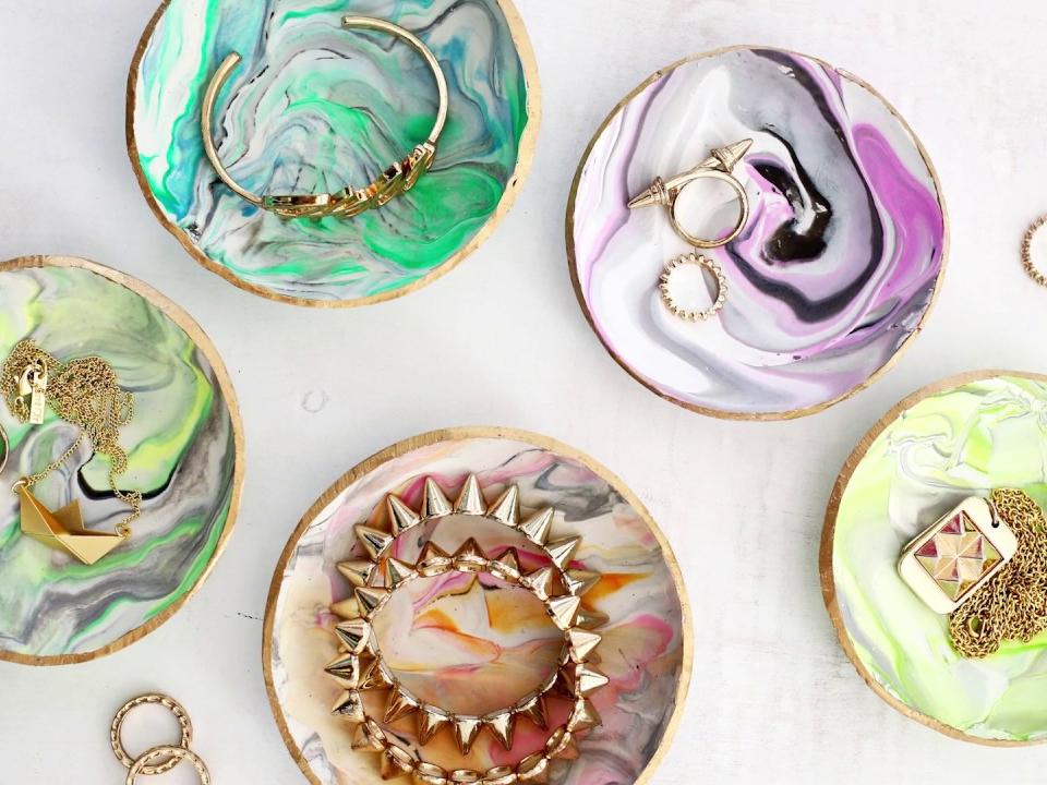 Marbled clay dishes with jewelry in them