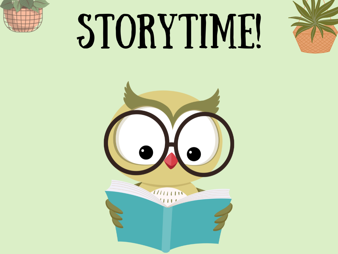 owl with glasses reading a blue book, storytime