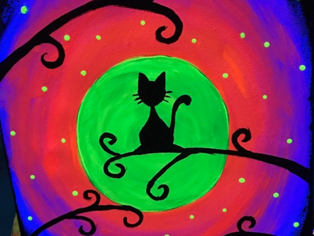 neon painting of black cat in moonlight